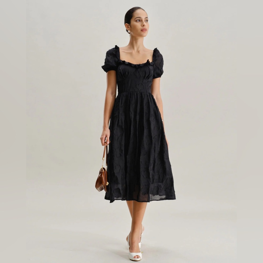 Rihoas Black Square Neck Puffed Sleeve Midi Dress